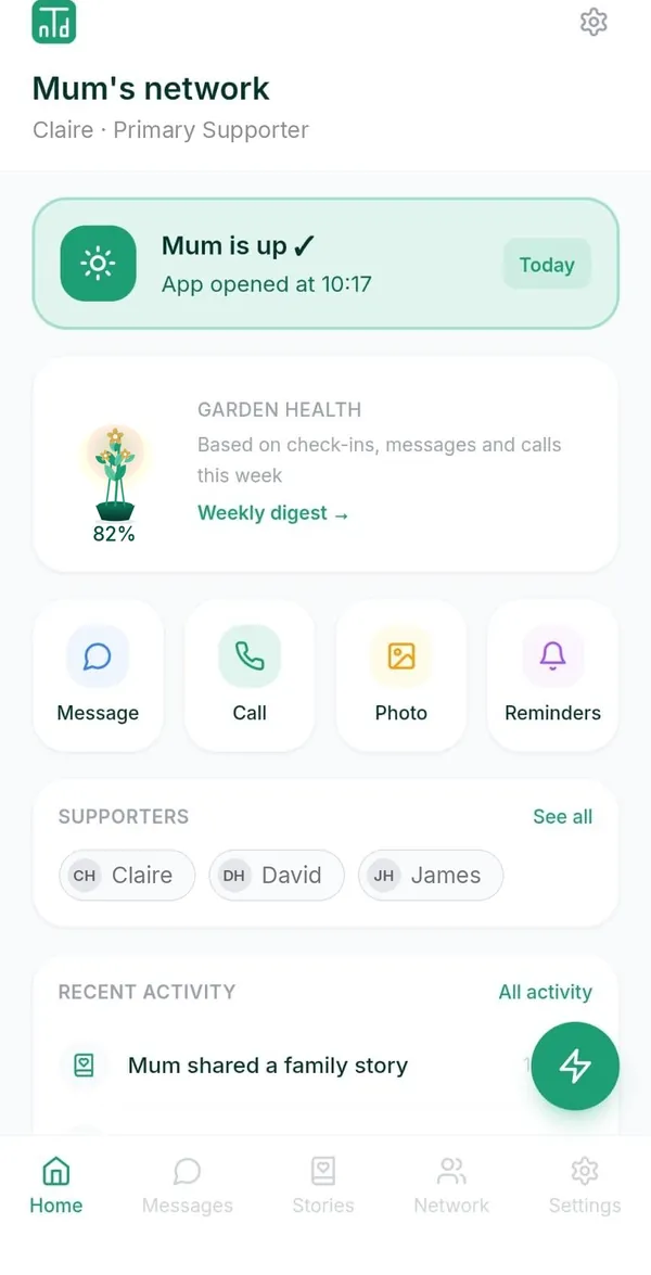 Tennd home screen for Claire: Mum's network, Mum is up today, the family garden, quick actions, and supporters Claire, David and James