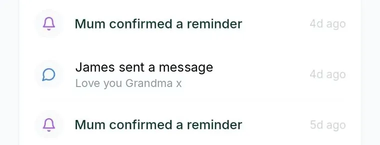 Family activity feed showing Mum confirmed a reminder