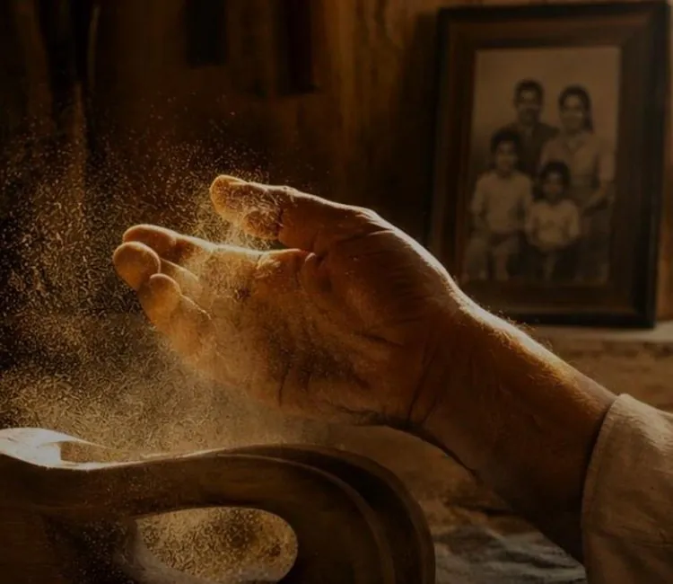 An older hand letting sand slip through the fingers in front of a framed family photograph