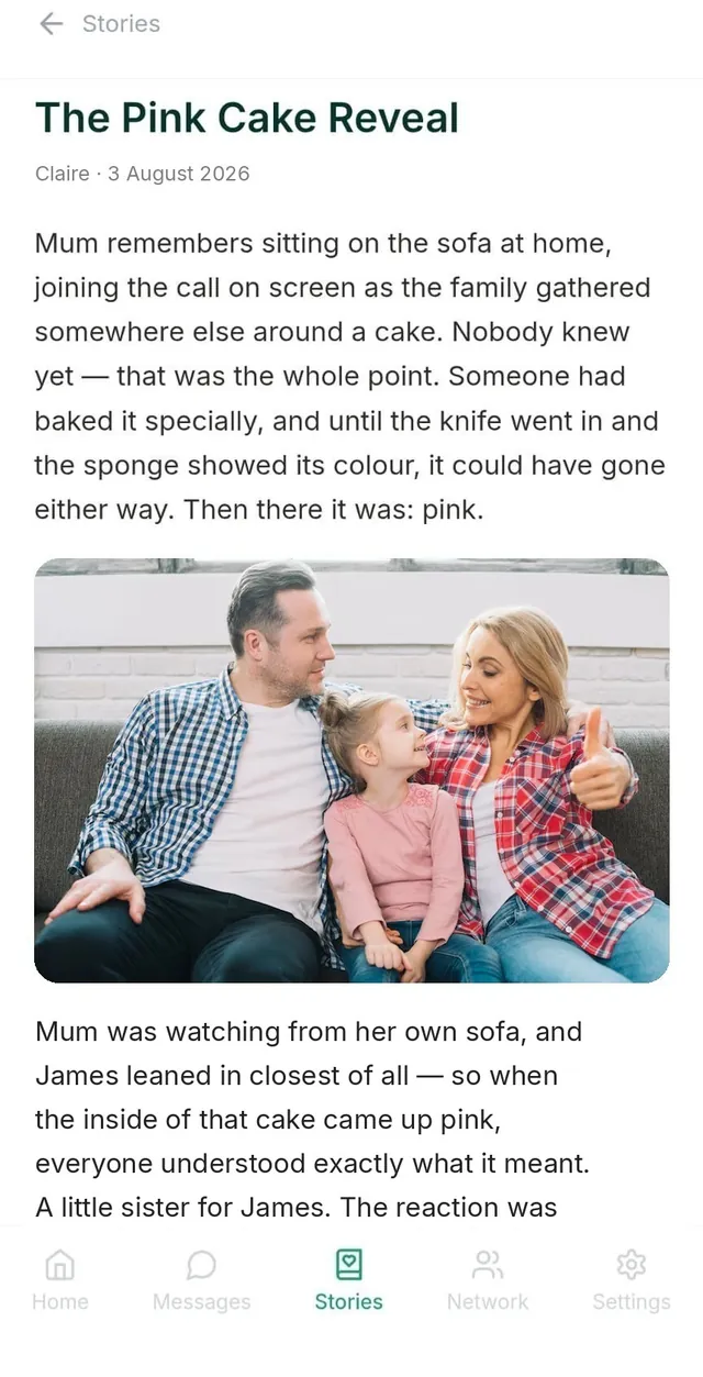 A finished Tennd story, The Pink Cake Reveal, told in Mum's words with a family photo