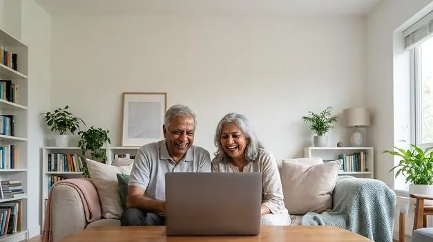 An older couple laughing together on a video call on their laptop